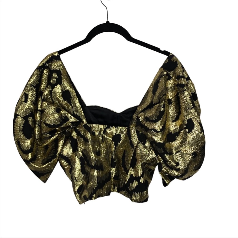 Zara Womens Gold Metallic Balloon Sleeve Blouse Size Small Sweetheart Neckline